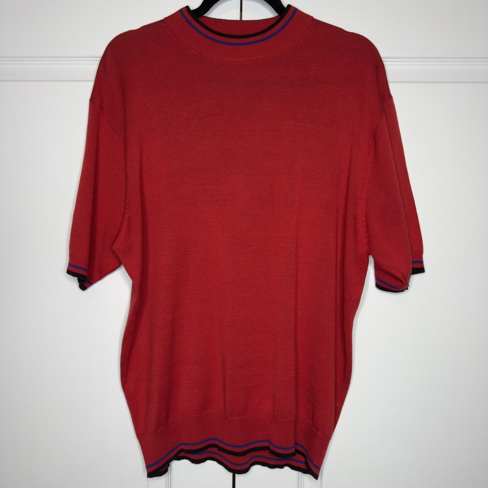 Genelli Sweater Mens Large Red Silk Cotton‎ Short Sleeve Crewneck Knit Pullover